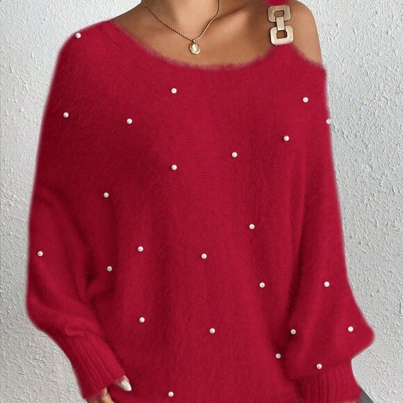 Red Casual Women's Asymmetrical Neck Pearl Decor Long Sleeve Pullover Sweater - Picture 4 of 6